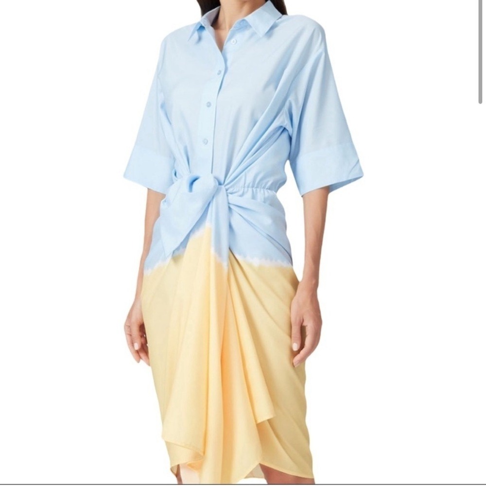 Tome Womens Blue Yellow Dip Dye Shirt Dress Button Front Midi Tie Waist L